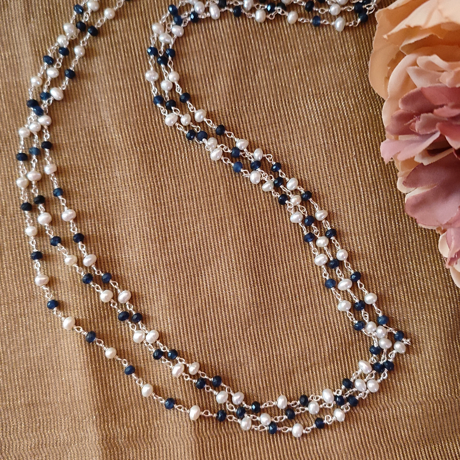 Three Layer Blue Stone And Pearl Chain 